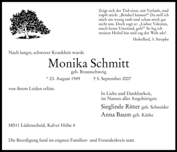 Todesanzeige von Monika Schmitt von WESTFÄLISCHER ANZEIGER