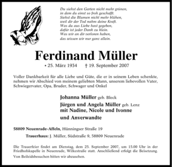 Todesanzeige von Ferdinand Müller von WESTFÄLISCHER ANZEIGER