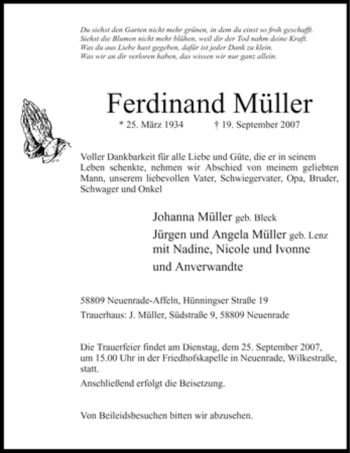 Todesanzeige von Ferdinand Müller von WESTFÄLISCHER ANZEIGER