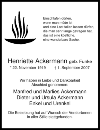 Todesanzeige von Henriette Ackermann von WESTFÄLISCHER ANZEIGER