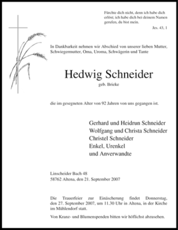 Todesanzeige von Hedwig Schneider von WESTFÄLISCHER ANZEIGER