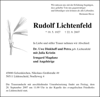 Todesanzeige von Rudolf Lichtenfeld von WESTFÄLISCHER ANZEIGER