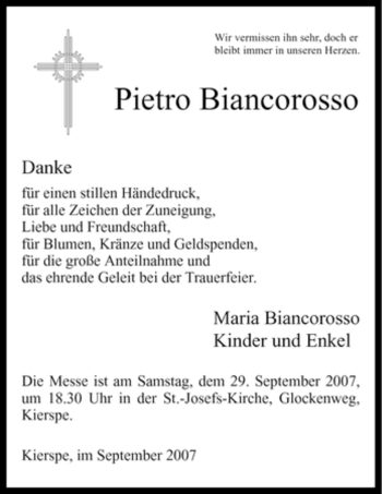 Todesanzeige von Pietro Biancorosso von WESTFÄLISCHER ANZEIGER