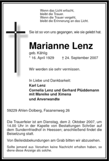 Todesanzeige von Marianne Lenz von WESTFÄLISCHER ANZEIGER