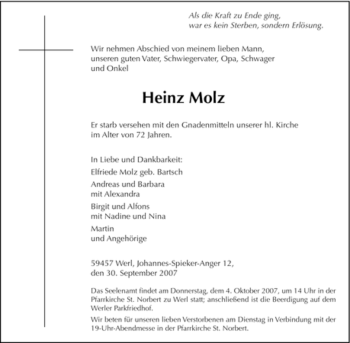 Todesanzeige von Heinz Molz von WESTFÄLISCHER ANZEIGER