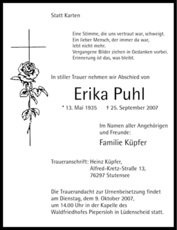 Todesanzeige von Erika Puhl von WESTFÄLISCHER ANZEIGER