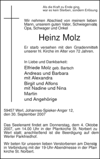 Todesanzeige von Heinz Molz von WESTFÄLISCHER ANZEIGER