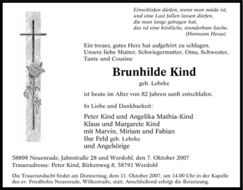 Todesanzeige von Brunhilde Kind von WESTFÄLISCHER ANZEIGER
