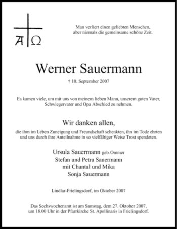 Todesanzeige von Werner Sauermann von WESTFÄLISCHER ANZEIGER