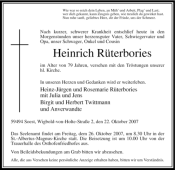 Todesanzeige von Heinrich Rüterbories von WESTFÄLISCHER ANZEIGER