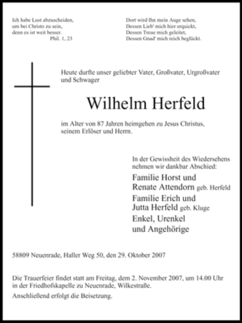 Todesanzeige von Wilhelm Herfeld von WESTFÄLISCHER ANZEIGER