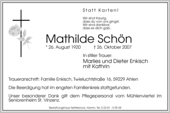 Todesanzeige von Mathilde Schön von WESTFÄLISCHER ANZEIGER