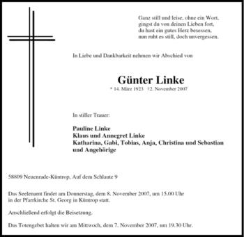 Todesanzeige von Günter Linke von WESTFÄLISCHER ANZEIGER