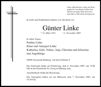 Todesanzeige von Günter Linke von WESTFÄLISCHER ANZEIGER
