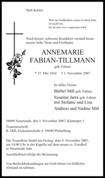 Todesanzeige von Annemarie Fabian-Tillmann von WESTFÄLISCHER ANZEIGER