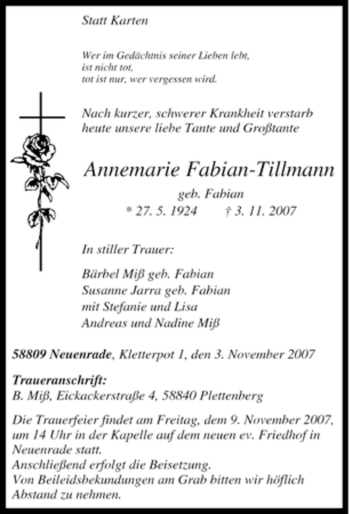 Todesanzeige von Annemarie Fabian-Tillmann von WESTFÄLISCHER ANZEIGER