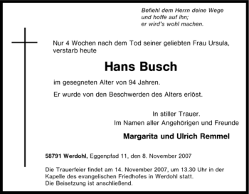 Todesanzeige von Hans Busch von WESTFÄLISCHER ANZEIGER