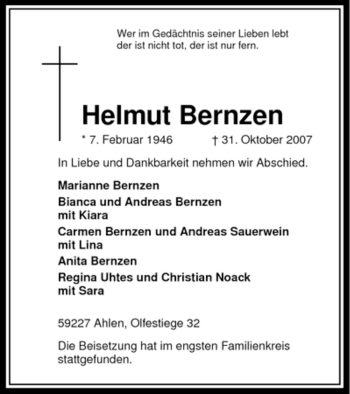Todesanzeige von Helmut Bernzen von WESTFÄLISCHER ANZEIGER