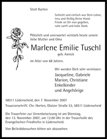 Todesanzeige von Marlene Emilie Tuschl von WESTFÄLISCHER ANZEIGER