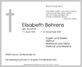 Todesanzeige von Elisabeth Behrens von WESTFÄLISCHER ANZEIGER