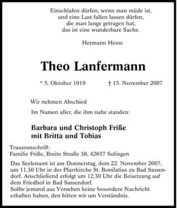 Todesanzeige von Theo Lanfermann von WESTFÄLISCHER ANZEIGER