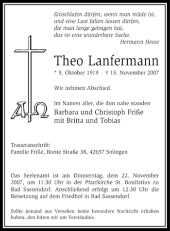 Todesanzeige von Theo Lanfermann von WESTFÄLISCHER ANZEIGER