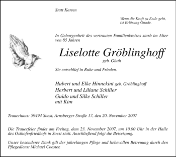 Todesanzeige von Liselotte Gröblinghoff von WESTFÄLISCHER ANZEIGER