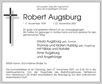 Todesanzeige von Robert Augsburg von WESTFÄLISCHER ANZEIGER
