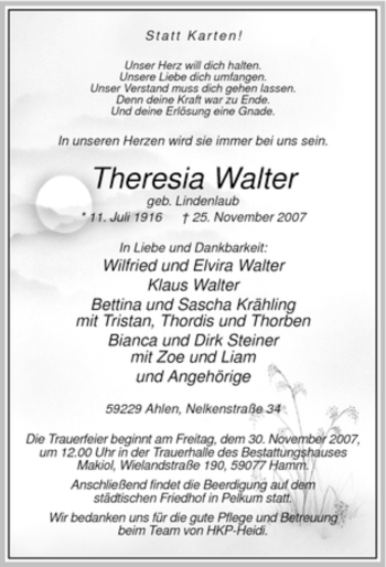 Todesanzeige von Theresia Walter von WESTFÄLISCHER ANZEIGER