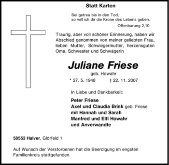 Todesanzeige von Carola Lachmann-Helmig von WESTFÄLISCHER ANZEIGER