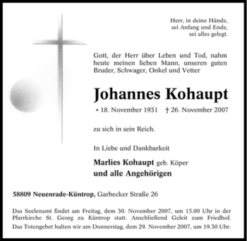 Todesanzeige von Johannes Kohaupt von WESTFÄLISCHER ANZEIGER