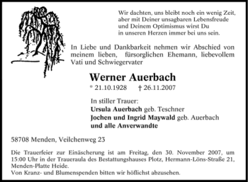Todesanzeige von Werner Auerbach von WESTFÄLISCHER ANZEIGER