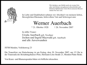 Todesanzeige von Werner Auerbach von WESTFÄLISCHER ANZEIGER