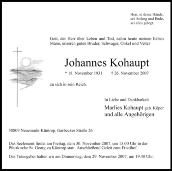 Todesanzeige von Johannes Kohaupt von WESTFÄLISCHER ANZEIGER