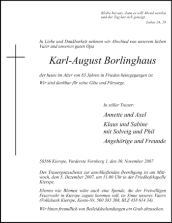 Todesanzeige von Karl-August Borlinghaus von WESTFÄLISCHER ANZEIGER