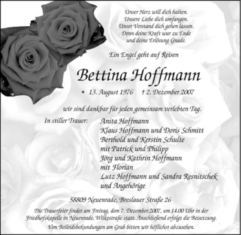 Todesanzeige von Bettina Hoffmann von WESTFÄLISCHER ANZEIGER