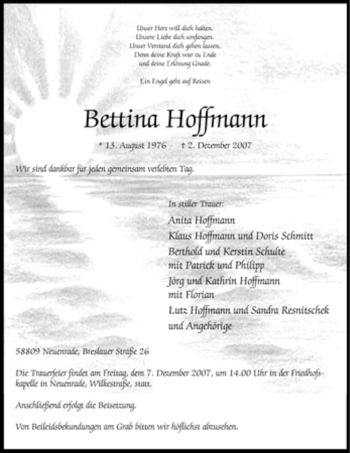 Todesanzeige von Bettina Hoffmann von WESTFÄLISCHER ANZEIGER
