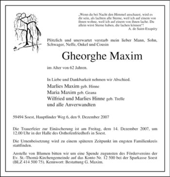 Todesanzeige von Gheorghe Maxim von WESTFÄLISCHER ANZEIGER