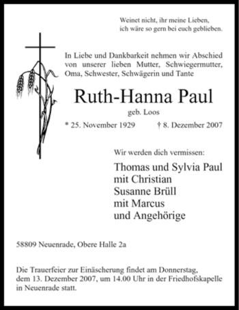 Todesanzeige von Ruth-Hanna Paul von WESTFÄLISCHER ANZEIGER