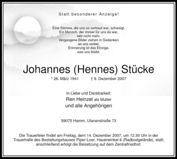 Todesanzeige von Johannes Stücke von WESTFÄLISCHER ANZEIGER