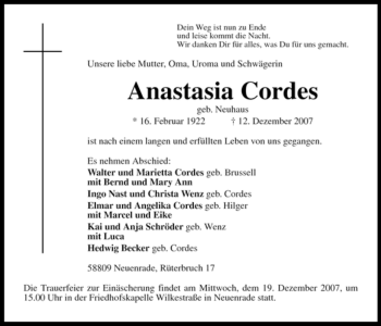 Todesanzeige von Anastasia Cordes von WESTFÄLISCHER ANZEIGER