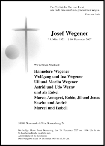 Todesanzeige von Josef Wegener von WESTFÄLISCHER ANZEIGER