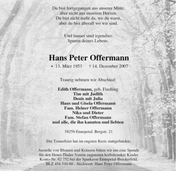 Todesanzeige von Hans Peter Offermann von WESTFÄLISCHER ANZEIGER