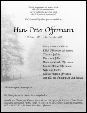 Todesanzeige von Hans Peter Offermann von WESTFÄLISCHER ANZEIGER