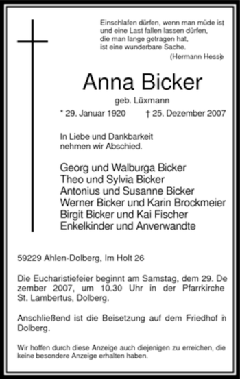 Todesanzeige von Anna Bicker von WESTFÄLISCHER ANZEIGER