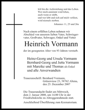 Todesanzeige von Heinrich Vormann von WESTFÄLISCHER ANZEIGER