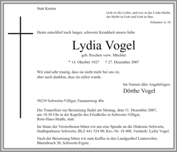 Todesanzeige von Lydia Vogel von WESTFÄLISCHER ANZEIGER