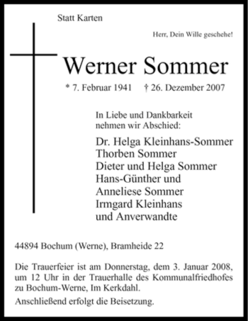 Todesanzeige von Werner Sommer von WESTFÄLISCHER ANZEIGER