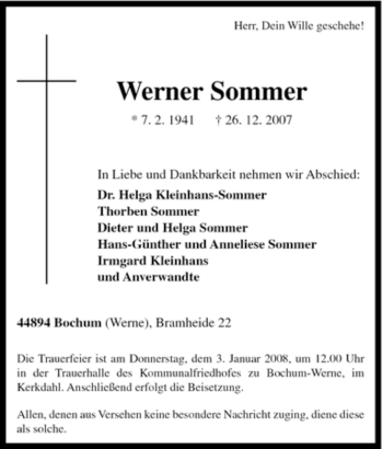 Todesanzeige von Werner Sommer von WESTFÄLISCHER ANZEIGER