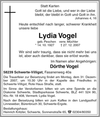 Todesanzeige von Lydia Vogel von WESTFÄLISCHER ANZEIGER